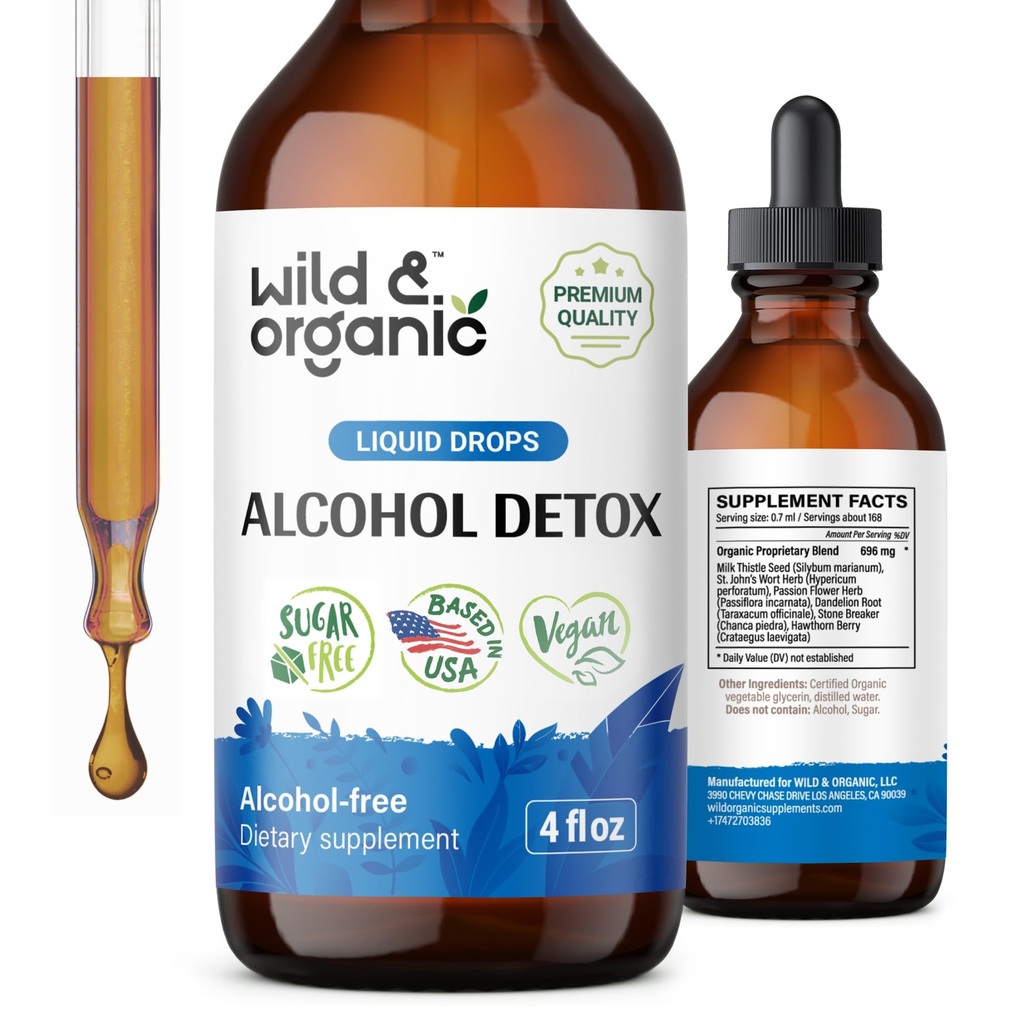 Détox d'alcool sauvage et biologique gouttes - Le foie et le rein nettoient avec le chardon de lait, Chanca Piedra Stone Breaker - Complexe anti-alcool pour le foie nettoient détox - végétalien, sans sucre et additifs - 4 fl oz