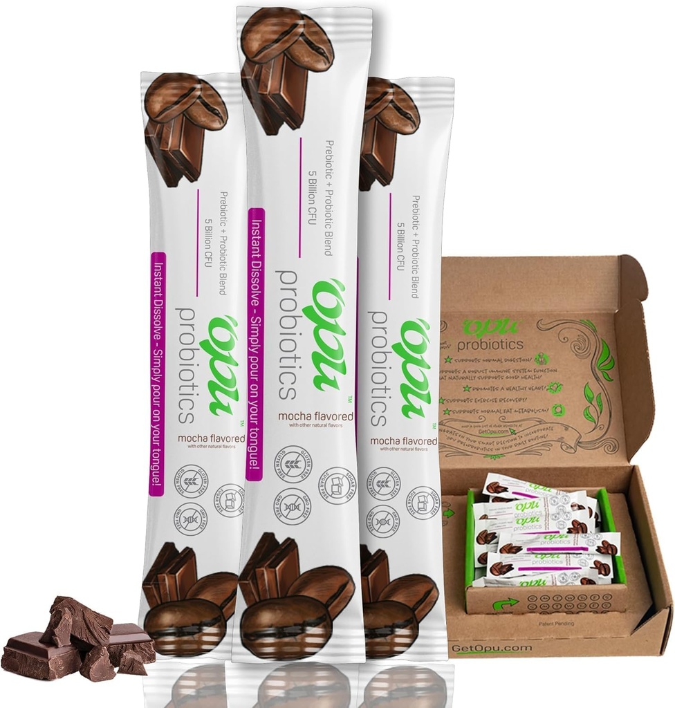 'Opu Probiotics Moka Instant-Dissolve - 1 mois d'approvisionnement - 5 milliards UFC - hommes, femmes et enfants avec/prébiotiques sans sucre, sans gluten, sans OGM