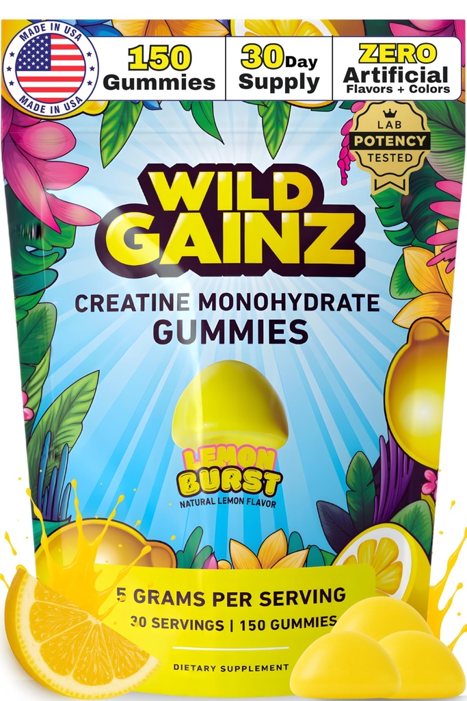 Gommies monohydratées de créatine pour les hommes et les femmes 5000mg - Fabriqué aux États-Unis, Potence testée, végétalienne, soutient la croissance musculaire, la force et la fonction cognitive, sans OGM sans gluten Creatine parfumée au citron 150 Chews