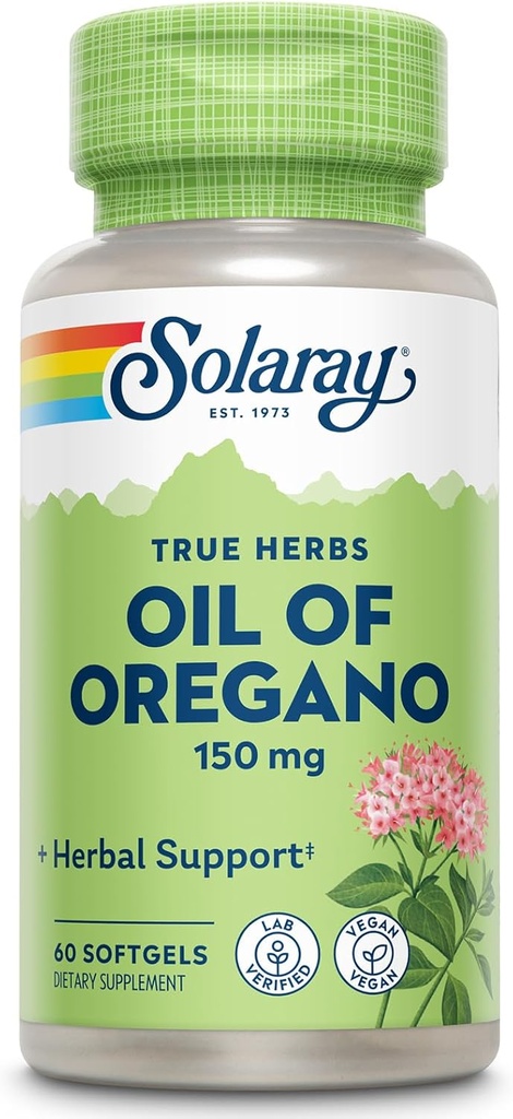 SOLARAY Huile d'Origan Softgels 150 mg - Supplément huile d'Origan pour le bien-être puissant - Digestion douce - extra huile d'olive vierge - Vegan, garantie de 60 jours - 60 portions, 60 softgels