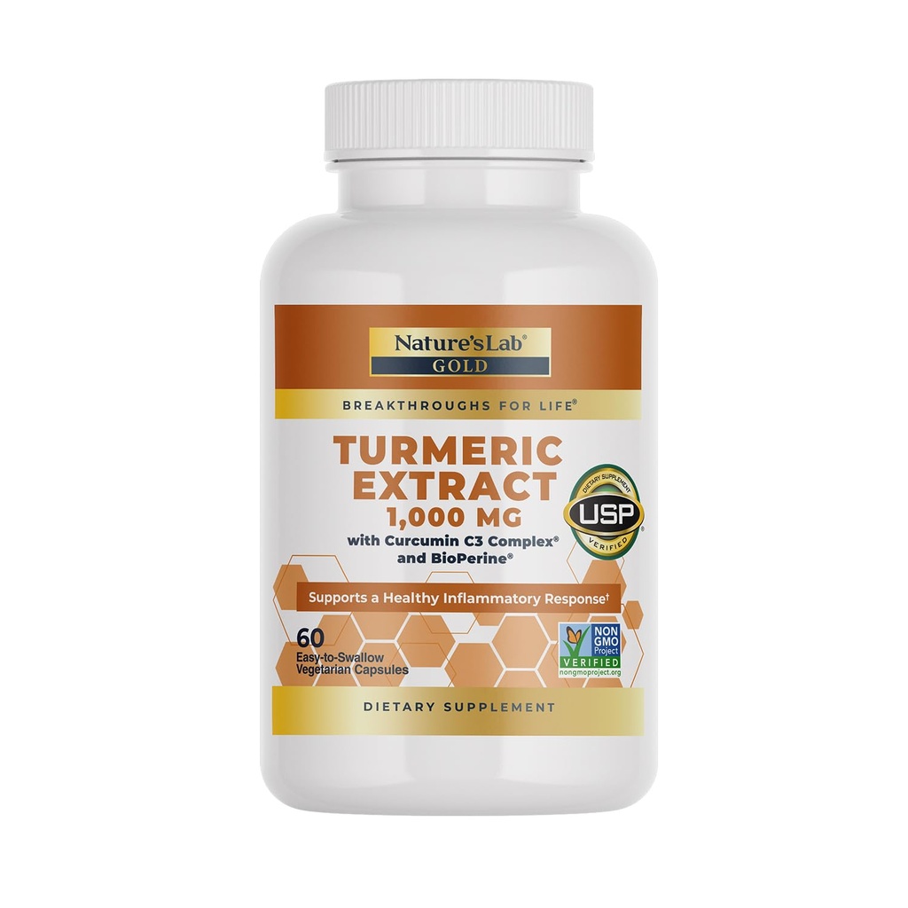 Extrait Turcuma de laboratoire de la nature avec Curcumin C3 & BioPerine 1000mg - Promotion de la santé cardiovasculaire, digestif et immunitaire - 60 capsules (30 jours d'approvisionnement)