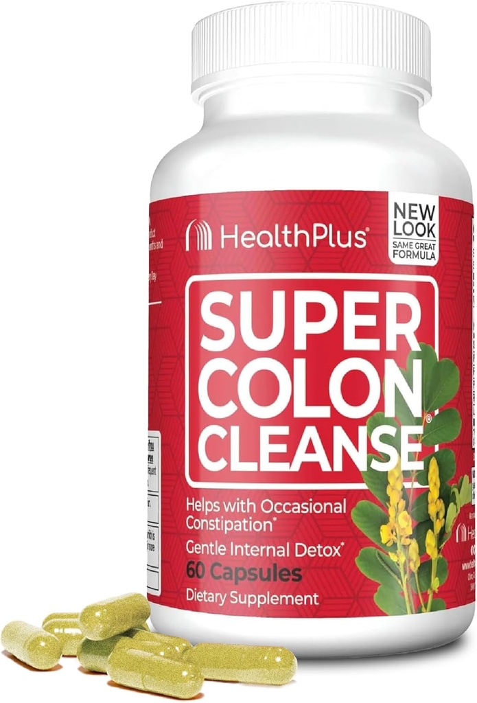 Health Plus Super Colon Nettoyer 15 jours d'approvisionnement en détox doux de Gut Cleanse, Psyllium Husk, Probiotiques pour le soulagement de la constipation et le soutien digestif, 60 capsules