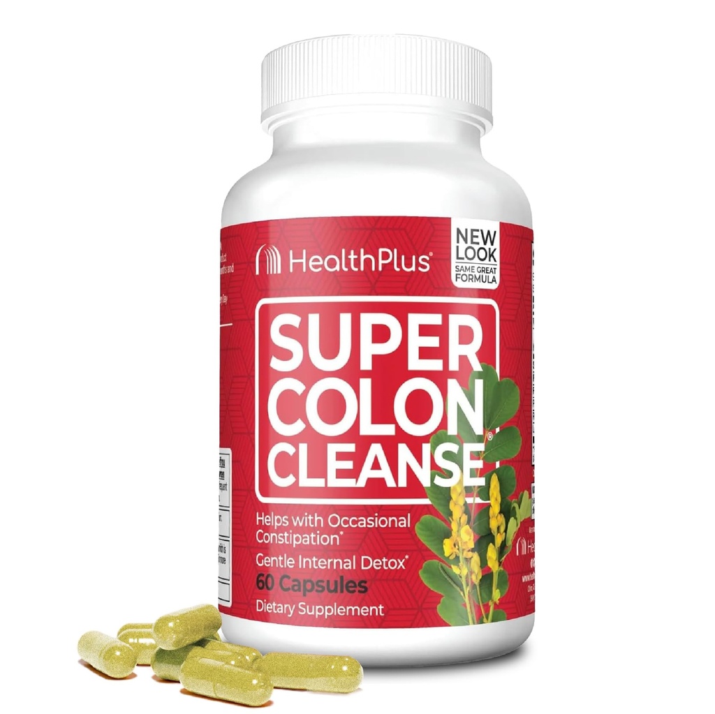 Health Plus Super Colon Nettoyer 15 jours d'approvisionnement en détox doux de Gut Cleanse, Psyllium Husk, Probiotiques pour le soulagement de la constipation et le soutien digestif, 60 capsules