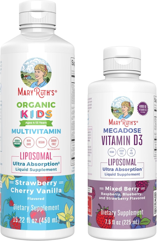MaryRuth Organics Kids Multivitamin Liposomal (Strawberry Cherry & Vanilla) & Vitamine D3 Liposomal (Mixed Berry) Clean Label Project Verified® Vitamines for Immunity & Overall Wellness, Vegan, Non-OGM