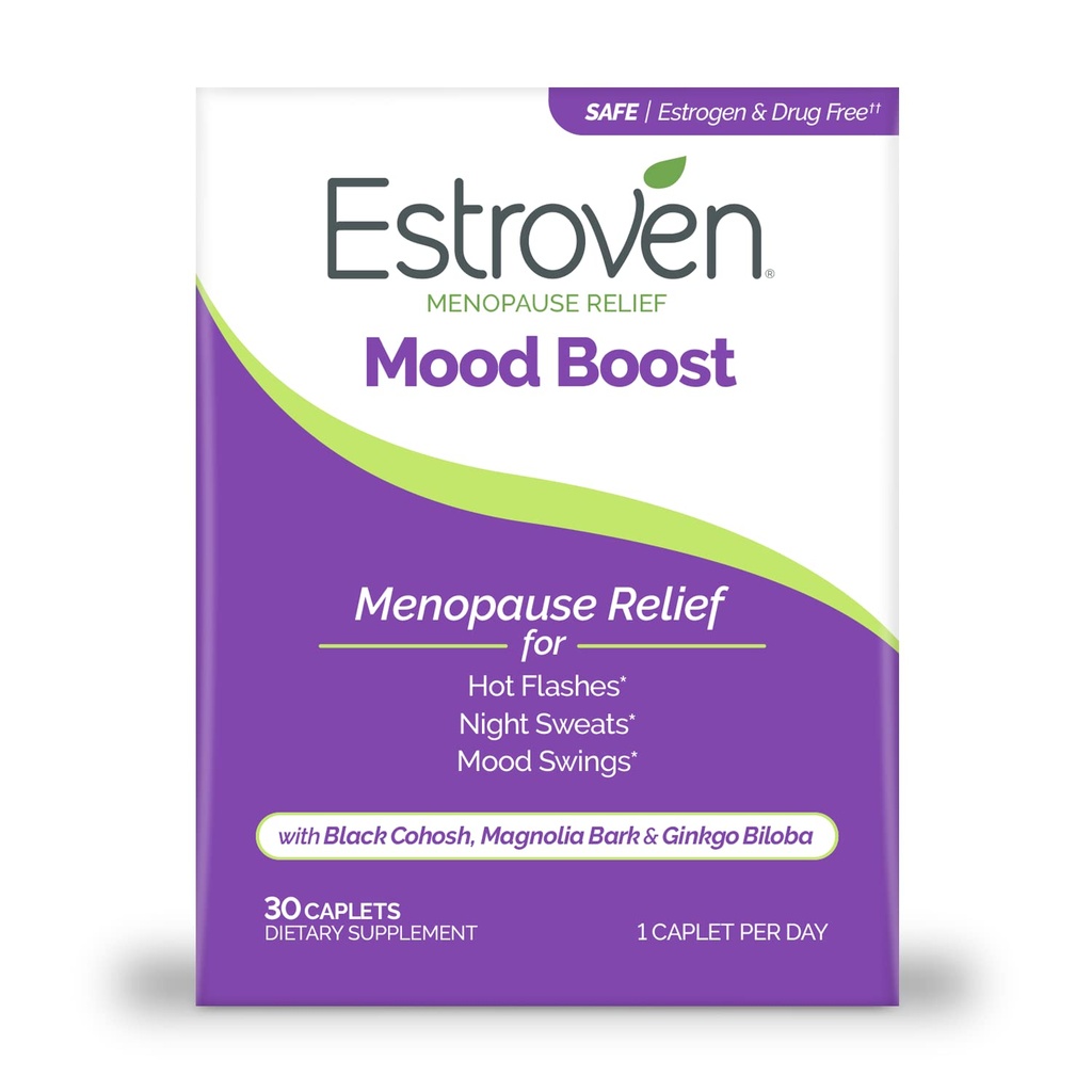 Estroven Mood Boost pour le soulagement de la ménopause, aide à réduire les éclairs chauds et les sueurs nocturnes, aide à gérer les swings d'humeur, 30 comte