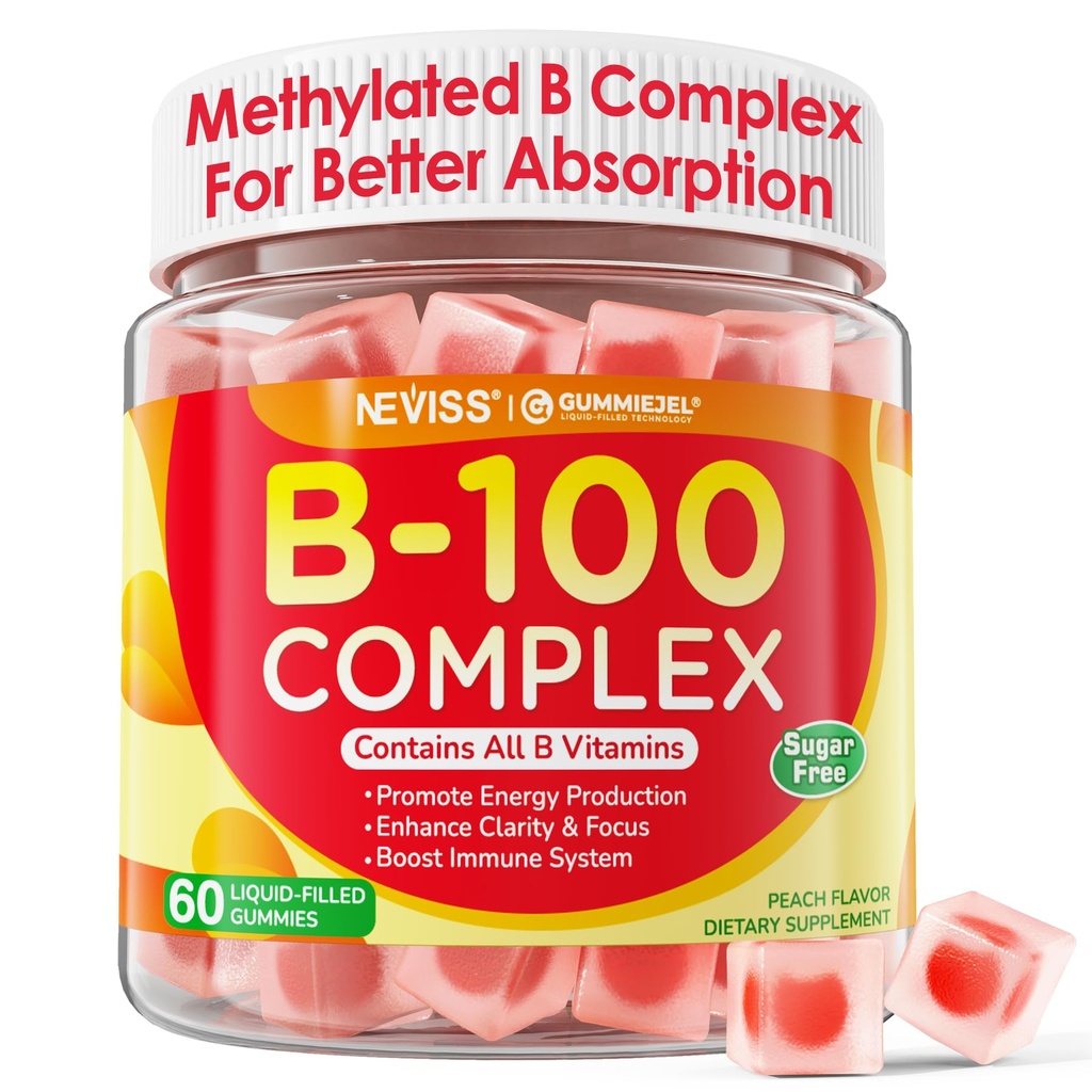 Gommies complexes Super Vitamine B - Toutes les vitamines B incluant le méthyl B12, B1, B2, B3, B5, B6, Biotine, Méthylfolate avec la vitamine C, Choline, Inositol, PABA pour l'énergie, le cerveau et le soutien immunitaire, sans sucre