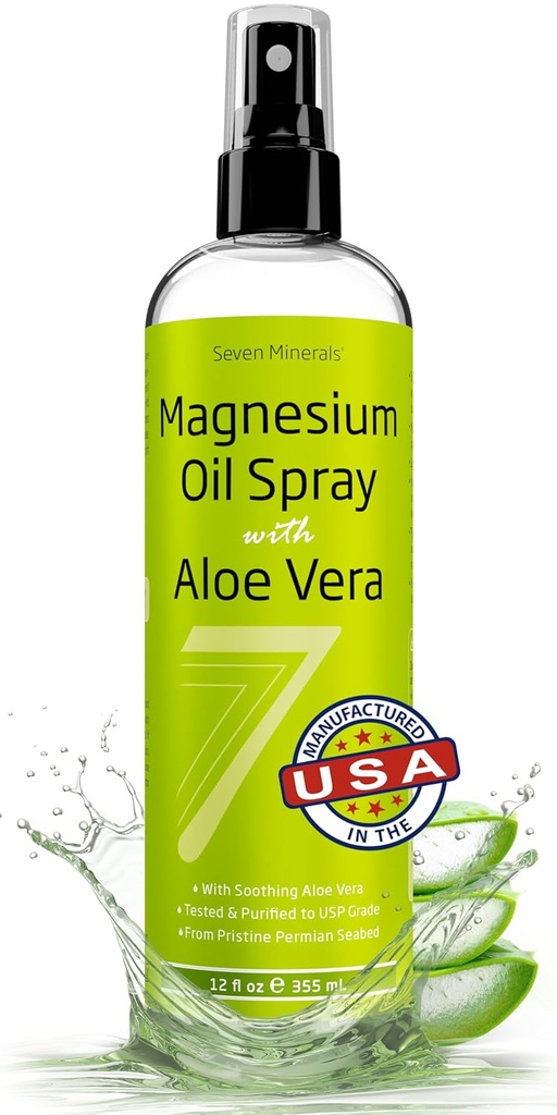 Seven Minerals Pure Magnesium Oil Spray avec Aloe Vera 12oz - Pharmaceutical (USP) Grade, la plus forte force avec un soulagement instantané pour les pieds, le sommeil, la douleur musculaire et les crampes - Mined in the USA