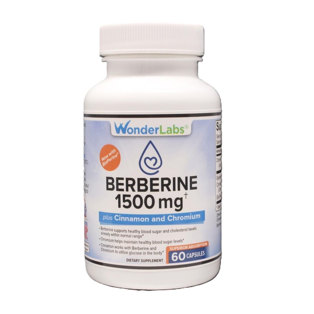 Wonder Laboratories Berberine HCL 1500mg + Channelle, Chromium, & Bioperine Maintenance pour le glucose, le coeur et le système immunitaire Santé Sans gluten et OGM - 60 Capsules