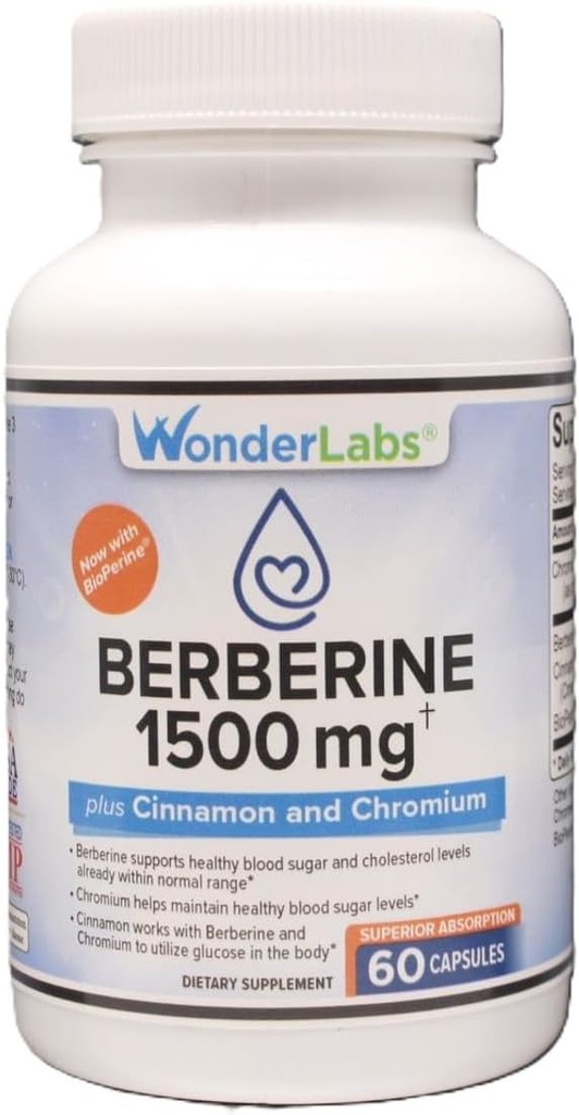 Wonder Laboratories Berberine HCL 1500mg + Channelle, Chromium, & Bioperine Maintenance pour le glucose, le coeur et le système immunitaire Santé Sans gluten et OGM - 60 Capsules