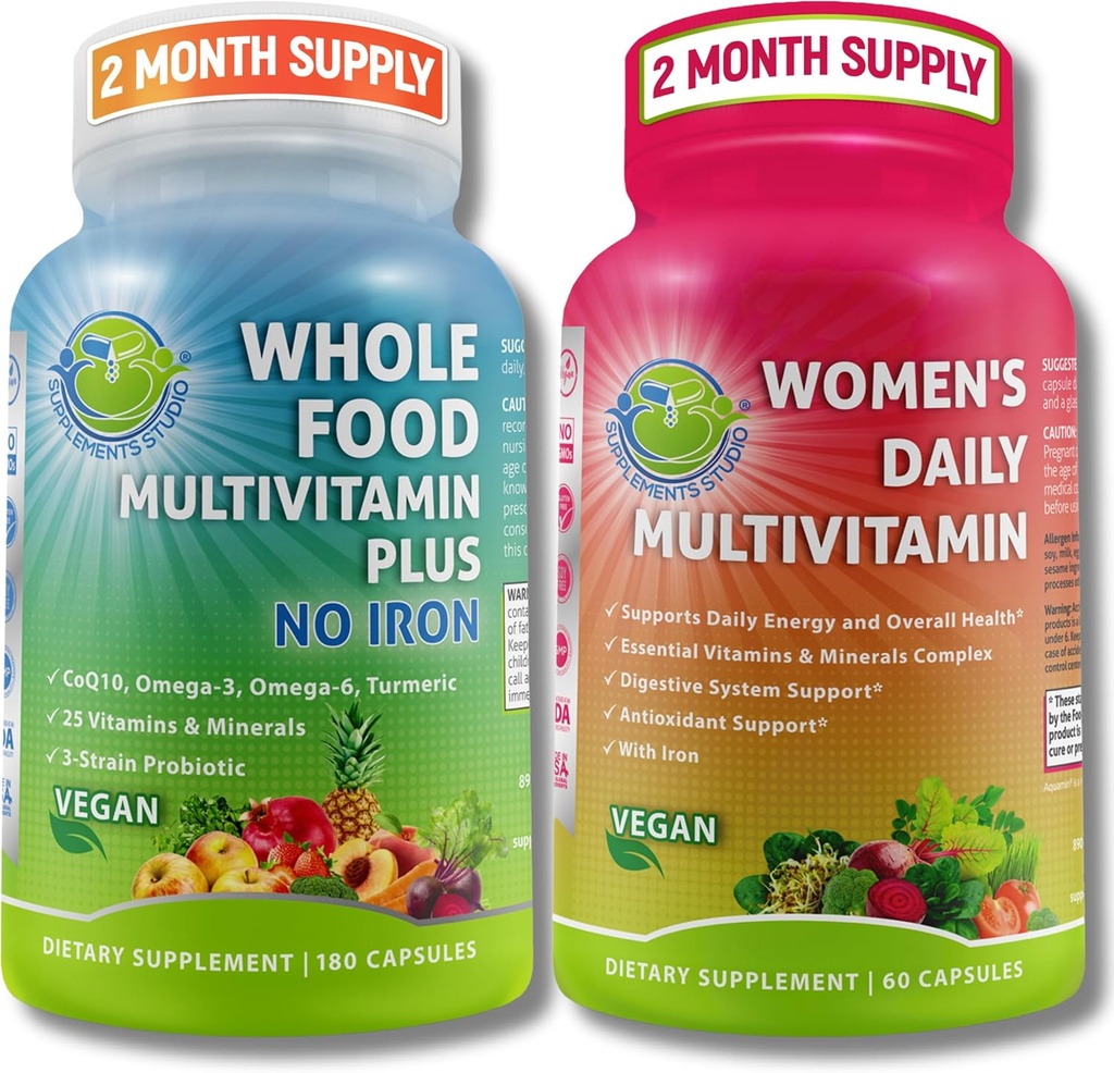 SUPPLÉMENTS ÉTUDE Support multi-systèmes complet pour les femmes Duo – Multivitamine alimentaire entière sans fer + Multivitamine quotidienne avec fer – Vegan, non-OGM, Clean Daily Wellness Support