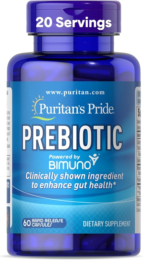 Puritan's Pride Prébiotiques pour les hommes et les femmes Powered by Bimuno, complément alimentaire pour la santé avancée de Gut, aide à éviter le blottis, 60 capsules à libération rapide