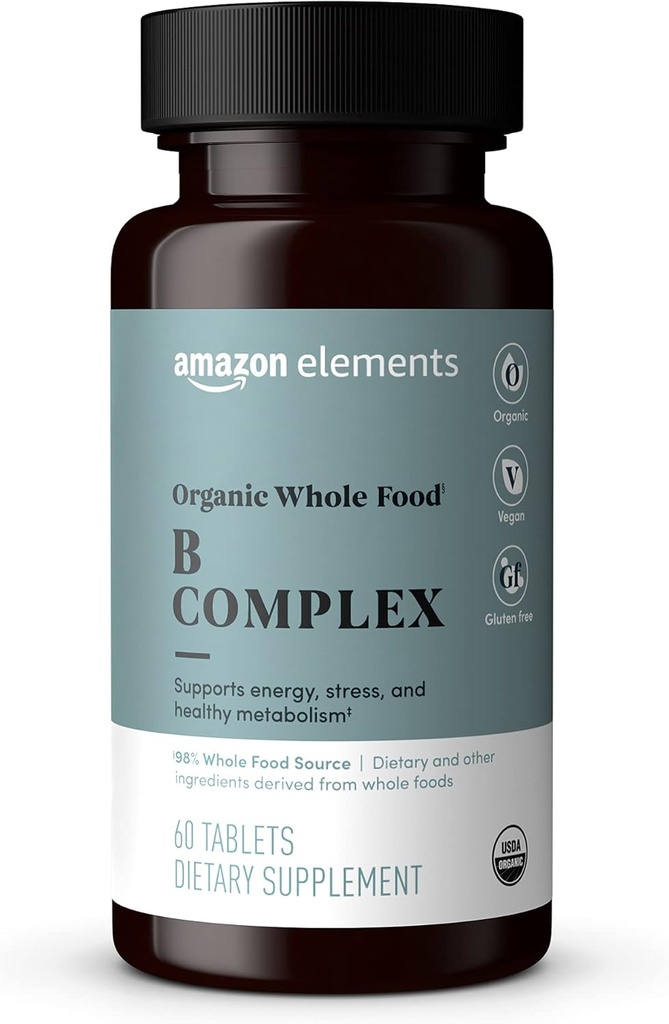 Éléments Complexe biologique d'aliments entiers B, 98% Source d'aliments entiers, ingrédients alimentaires et autres dérivés d'aliments entiers, 60 comprimés