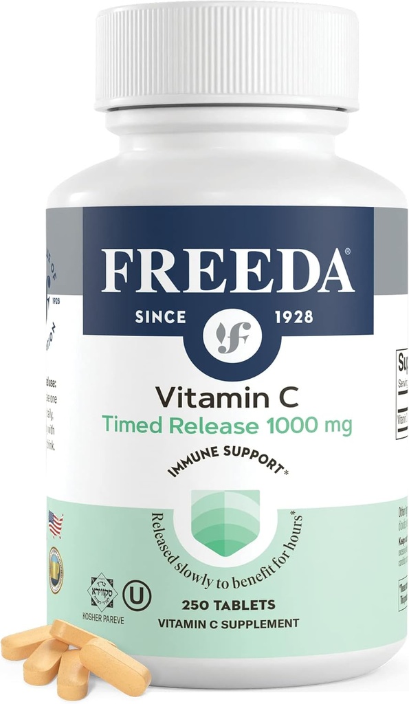 FREADA Vitamine C - Sortie chronométrée 1000mg – libération lente pour le soutien immunitaire et antioxydant tout au long de la journée, doux sur l'estomac, le Kosovo et le végétal, comprimés à haute absorption (250 comprimés)