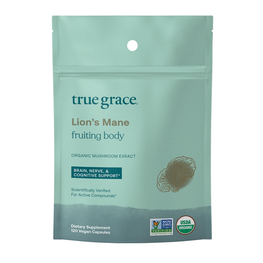 True Grace Mushroom Lion's Mane Cerveau, Nerve & Soutien cognitif - 120 capsules de comptage - Organique