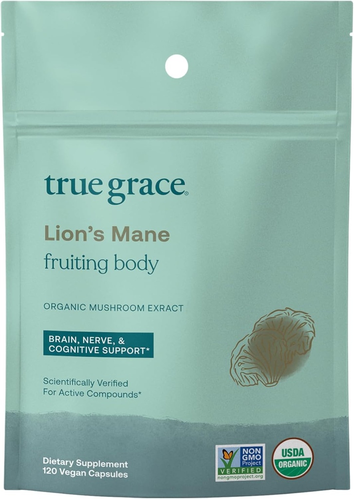 True Grace Mushroom Lion's Mane Cerveau, Nerve & Soutien cognitif - 120 capsules de comptage - Organique