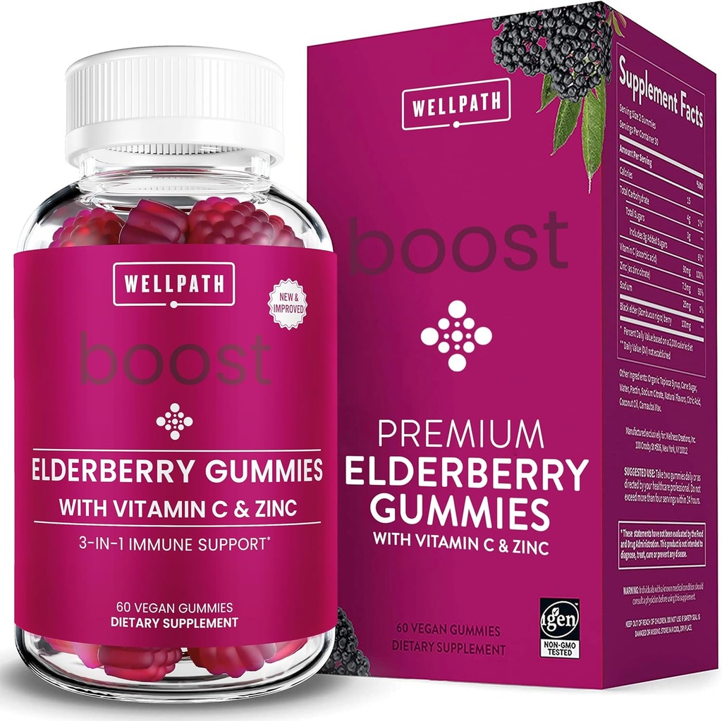 WellPath Boost Gommies de baies aînées avec Zinc et vitamine C. Supplément de soutien immunitaire pour les adultes.