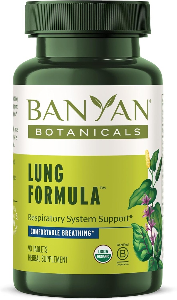 Banyan Botanicals Formule pulmonaire – Soutien respiratoire biologique pour la santé pulmonaire – Mélange à base de plantes avec réglisse, feuilles de Tulsi et autres herbes pour la santé pulmonaire – 90 comprimés – Non OGM Fair for Life Vegan