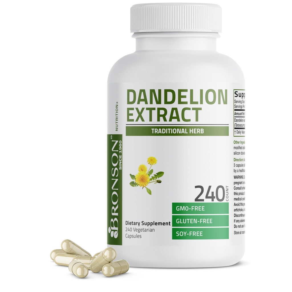 Bronson Dandelion Root High Potency Supplement, soutient une bonne santé et bien-être globale, plante diurétique traditionnelle - non-OGM, 240 capsules végétariennes