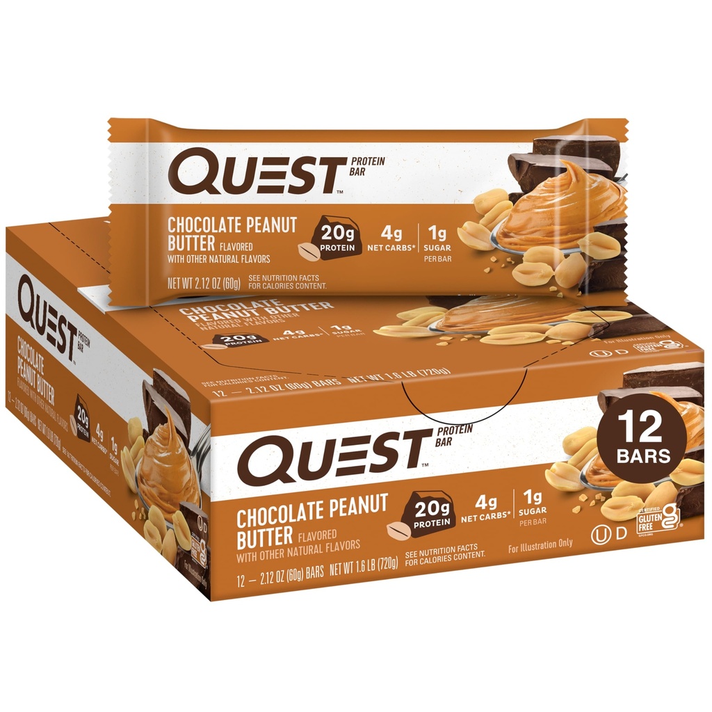 Quest Nutrition Bars de beurre d'arachides au chocolat, 20g de protéines, 1g de sucre, 4g de glucides nets, sans gluten, amis des kétos, 12 Compte