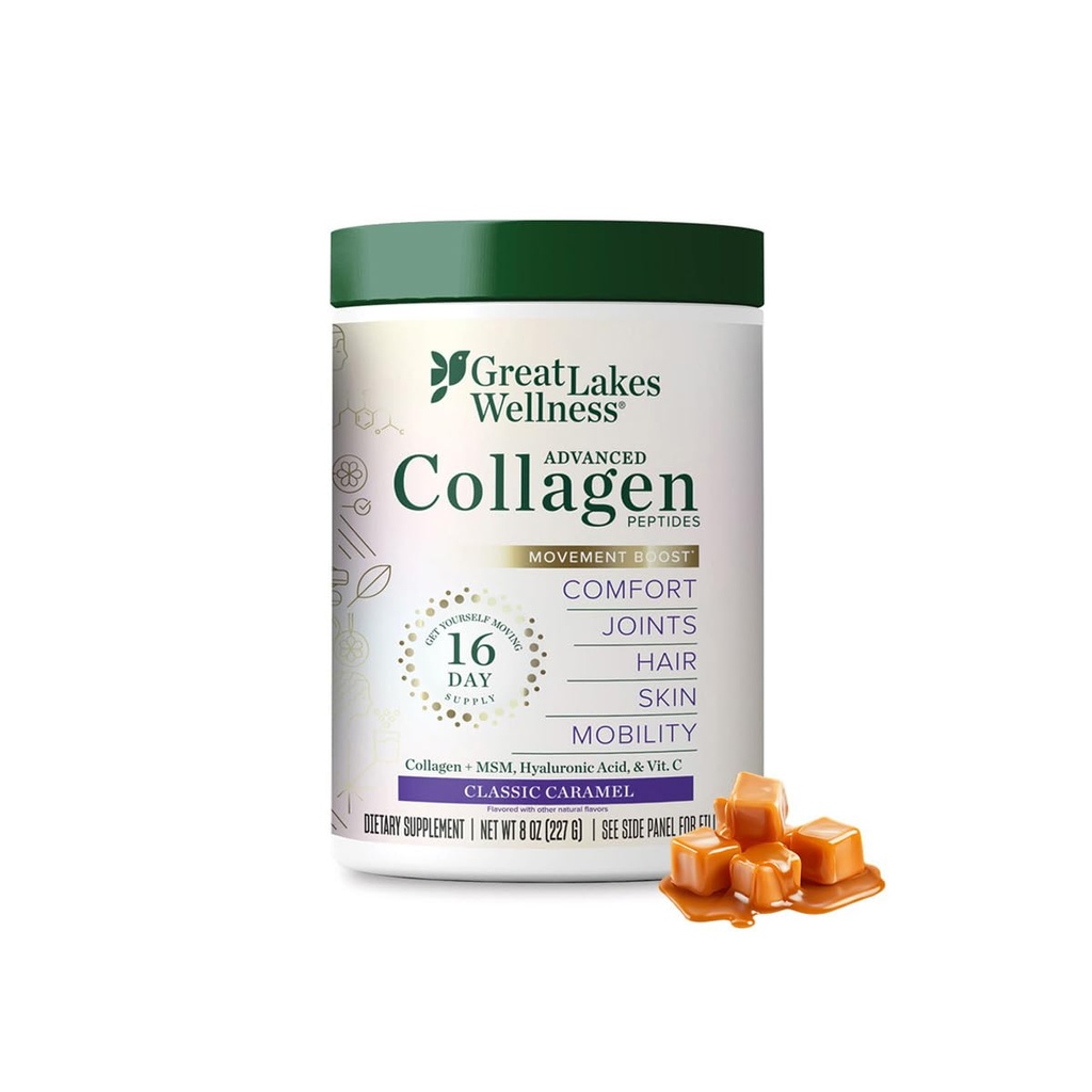 Great Lakes Wellness Movement Boost Advanced Collagen Peptides Powder with MSM, Hyaluronic Acid, Vitamin C - Joint Mobility & Comfort - Caramel Flavored - Non-GMO, Keto, Kosher - 8 oz