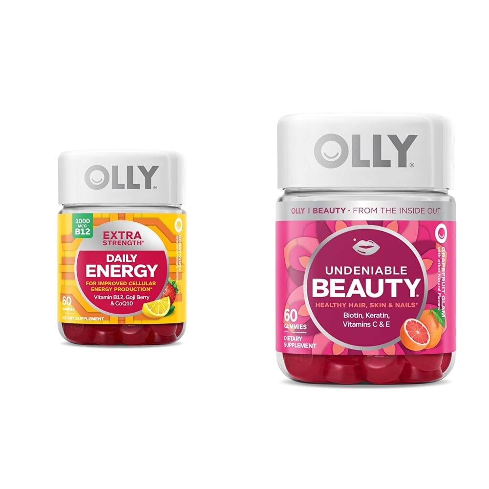 OLLY Extra Strength Daily Energy Gummy, Sans caféine, 1000 mcg de vitamine B12, CoQ10, Goji Berry & Undeniable Beauty Gummy, pour cheveux, peau, ongles, biotine, vitamine C, kératine, supplément à croquer