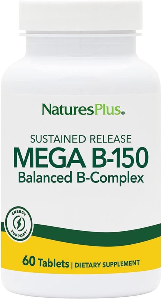 Natures Plus Complexe Mega B150, libération prolongée - 60 comprimés végétariens - Supplément de vitamine complexe de la puissance maximale B - Sans gluten - 60 portions