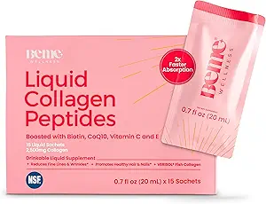 BeMe Peptide de collagène liquide BeRadiant pour cheveux, peau et ongles avec 2X Absorption plus rapide – testé cliniquement – suppléments de collagène hydrolysés Verisol 2500mg pour les femmes avec biotine, CoQ10 et vitamine C
