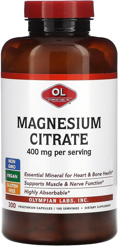 Olympians Labs Citrate de magnésium 400mg - 300 Capsules - Facile Absorbable, Soutien Bones Santé, Coeur Santé et Absorption de calcium