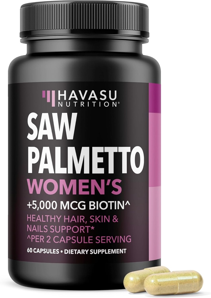 Saw Palmetto pour les femmes avec biotine 5000mcg - puissant bloqueur DHT pour soutenir la santé des cheveux, de la peau et des ongles - 60 comte - Vitamine végétalienne, non-OGM pour des serrures plus fortes et plus complètes - 1 mois d'approvisionnement