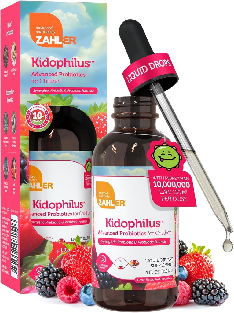 Zahler - Kidophilus Liquid Drops Probiotics for Kids (4 Fl Oz) Certified Kosher Kids Probiotic for Healthy Digestion & Immune Support - Fruit Punch Flavored Children's Probiotic Drops Supplement