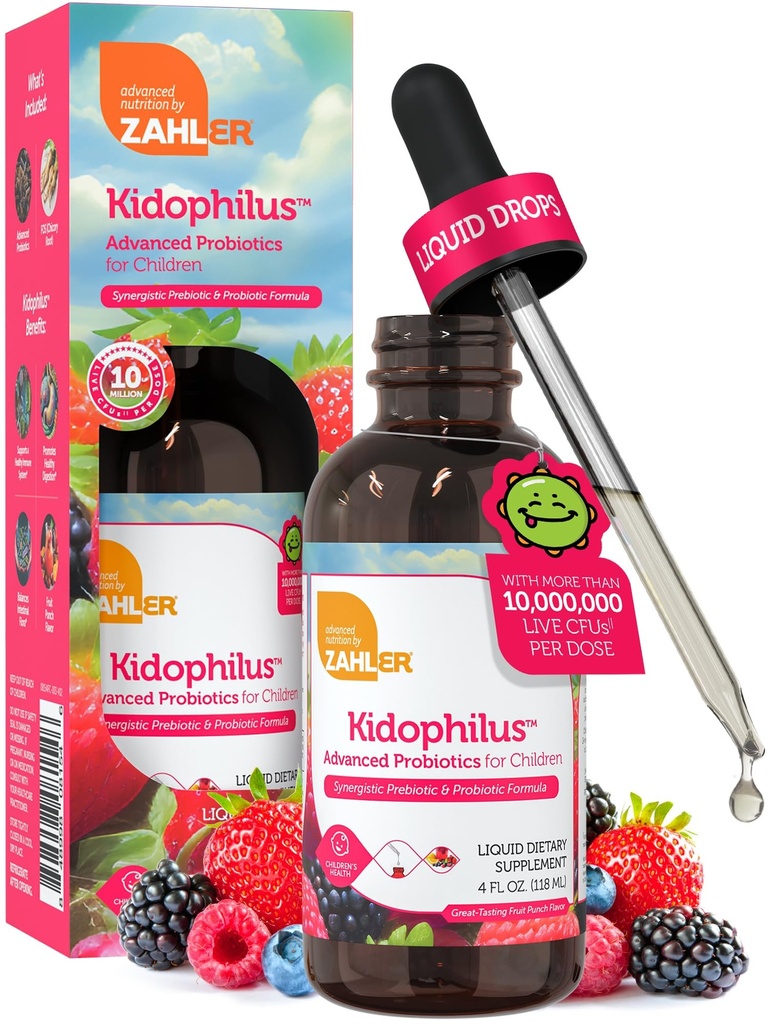 Zahler - Kidophilus Liquid Drops Probiotics for Kids (4 Fl Oz) Probiotique certifié Kosher Kids pour une digestion saine et un soutien immunitaire - Supplément de gouttes probiotiques pour enfants aromatisées par un punch de fruits