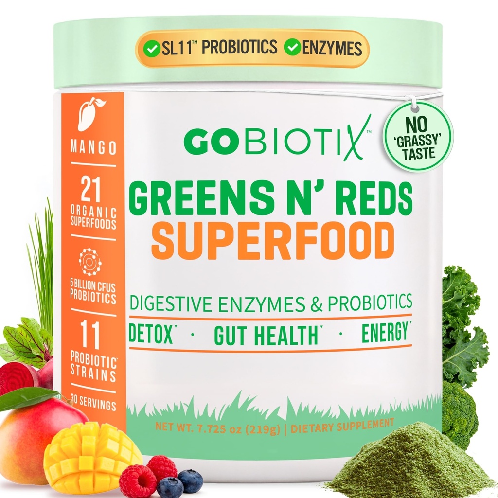 GOBIOTIX Super Greens and Reds Powder - Red and Green Superfood - Supplément probiotique - Enzymes digestifs et poudre de racine de betterave - Complément alimentaire biologique entier (Mango, 1 paquet)