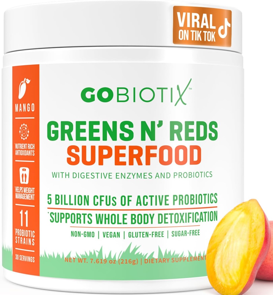 GOBIOTIX Super Greens and Reds Powder - Red and Green Superfood - Supplément probiotique - Enzymes digestifs et poudre de racine de betterave - Complément alimentaire biologique entier (Mango, 1 paquet)