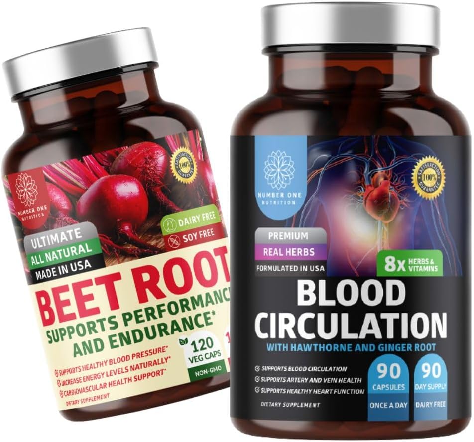 Supplément de circulation sanguine N1N Premium [8 herbes et vitamines puissantes] et capsules de racine de betterave biologique, 1300mg pour soutenir la santé cardiaque, la circulation sanguine et la pression artérielle, 2 packs