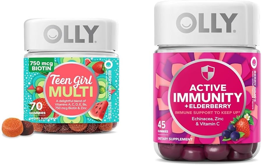 OLLY Teen Girl Multi Gummy, Healthy Skin and Immune Support, 15 Essential Vitamins, 70 Count Gummy Active Immunity+Elderberry, 45 Gummies, Berry Flavor