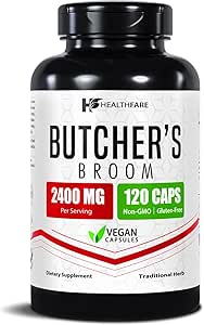 Healthfare Butchers Broom Supplement (en anglais seulement) Capsules Extract 2400mg (en anglais seulement) 120 pilules végétariennes (en anglais seulement) Supplément de racine à base de plantes Premium (en anglais seulement)