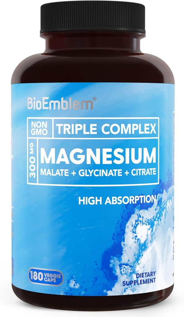 BioEmblem Triple Magnésium Complexe de 300mg de Magnésium Glycinate, Malate, & Citrate pour les muscles, les nerfs et l'énergie