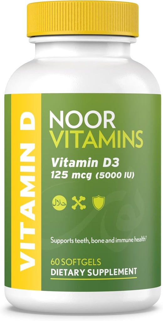 Noor Vitamines Vitamine halal D, Vitamine halal D3, 5000 UI Softgels, soutient la santé osseuse, immunitaire et cardiaque, de l'huile de carthame à maximiser l'absorption, non-OGM, sans gluten et halal (60 comte)...