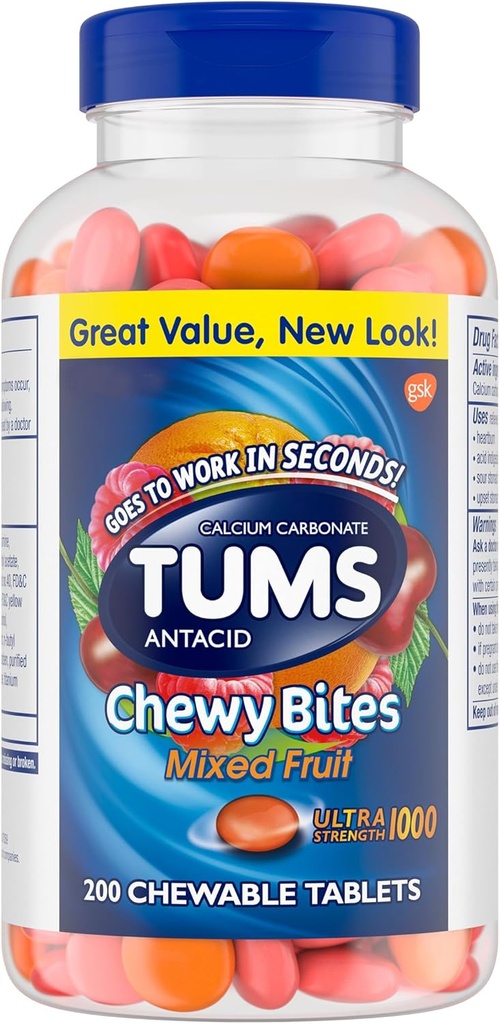 TUMS Chewy Bites Tablettes antiacides à mâcher pour le soulagement des brûlures d'estomac ultra-fortes, idéal pour un barbecue d'été- Fruits mélangés - 200 Compte