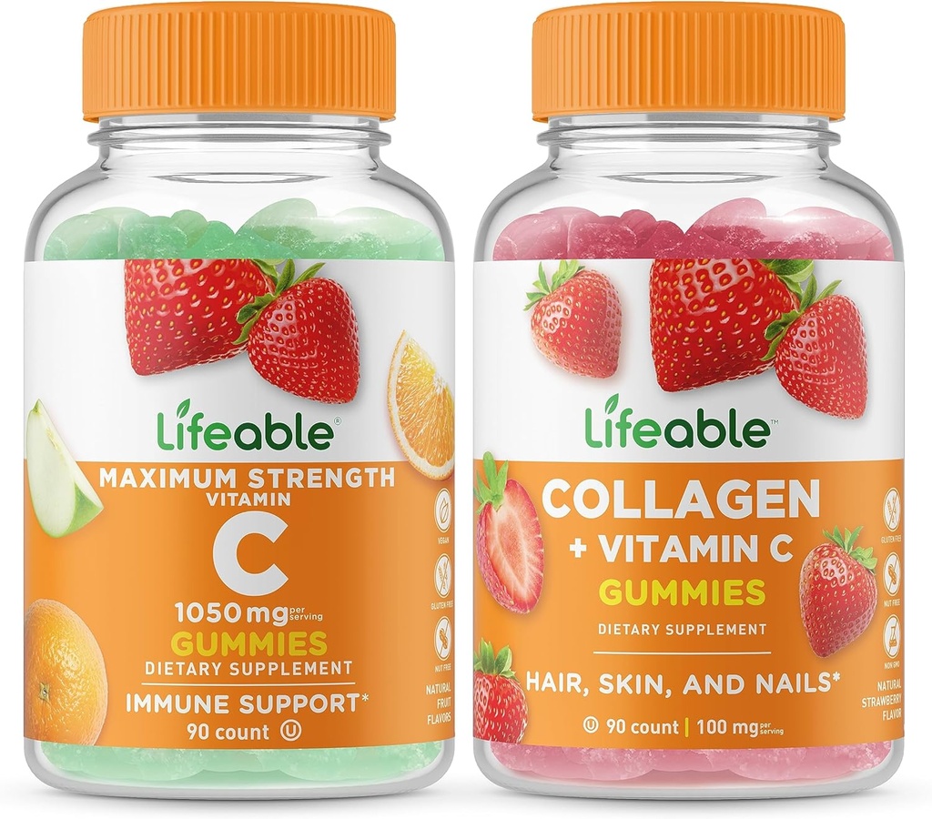 Vitamine C à vie 1050mg + Collagène et vitamine C, Gommies - Grande dégustation, supplément de vitamine, sans gluten, sans OGM, gommy à croquer