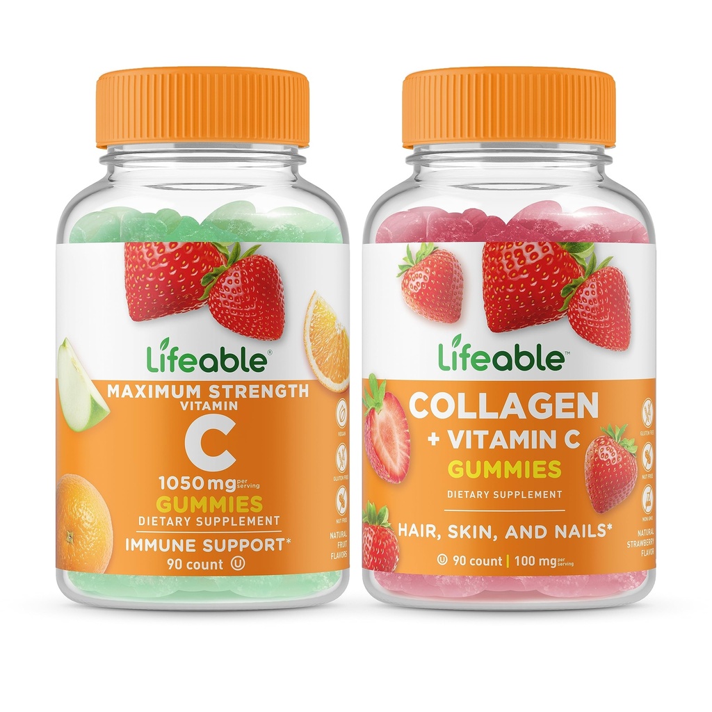 Vitamine C à vie 1050mg + Collagène et vitamine C, Gommies - Grande dégustation, supplément de vitamine, sans gluten, sans OGM, gommy à croquer