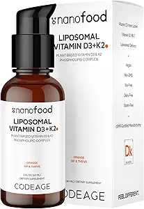 Codeage Vitamine liquide D3 K2 Supplément, Vitamine liposomique D Cholecalciferol, Ménaquinone MK-7, Vitamine liquide K - Végétaux et non-OGM - Pas de sucre - 2 fl oz
