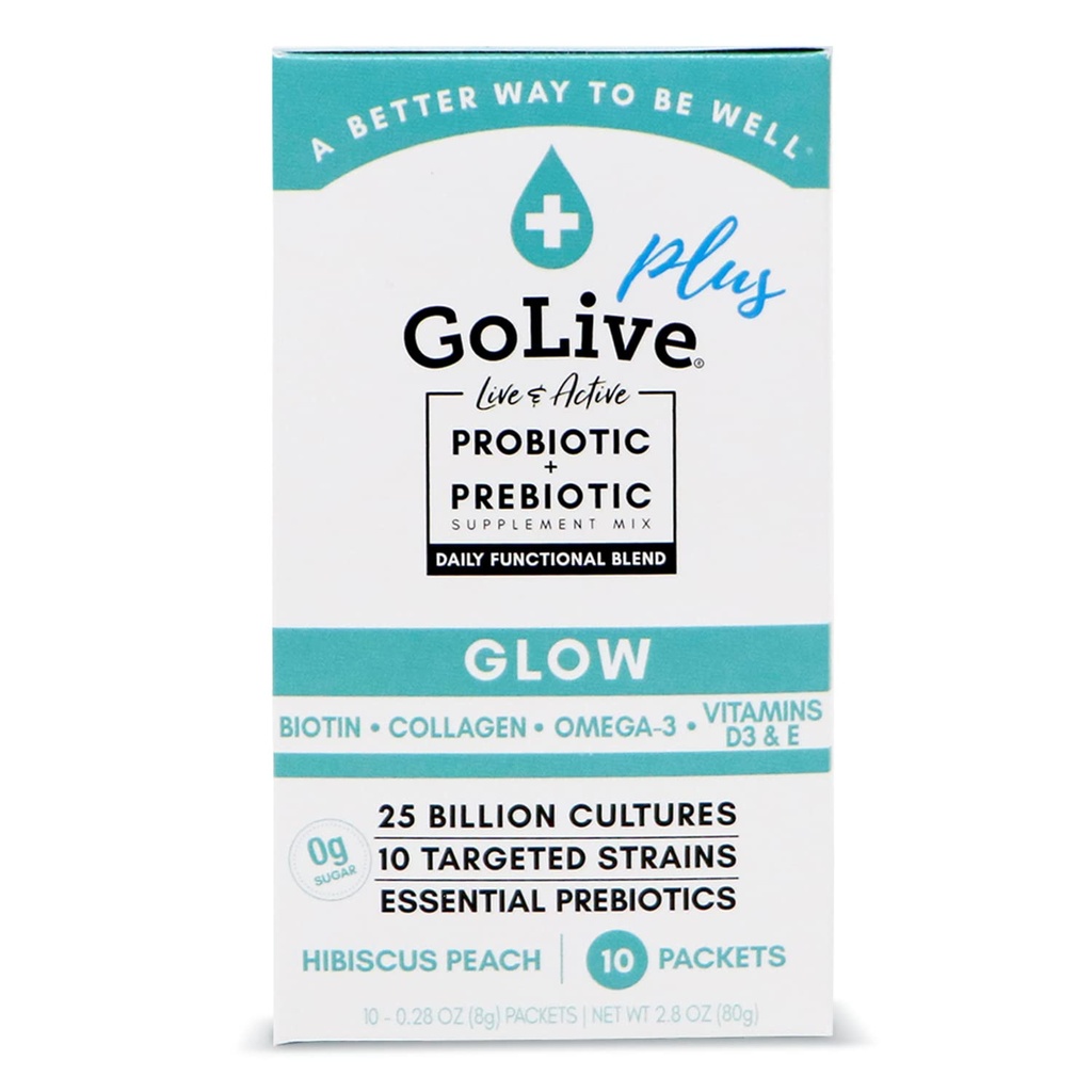 GoLive Probiotiques et prébiotiques pour les femmes et les hommes Glow pour la beauté, sans sucre poudre synbiotique. +25 Blion CFUs; 10 souches cliniques pour la santé, l'immunité et la santé digestive, 10 comtes (paquet de 1)