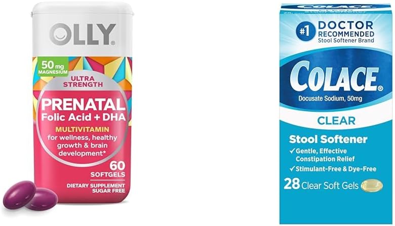 OLLY Ultra Strength softgels multivitamines prénatals avec soutien au développement du cerveau + Capsules d'adoucissement du tabouret clair, 28 Compte