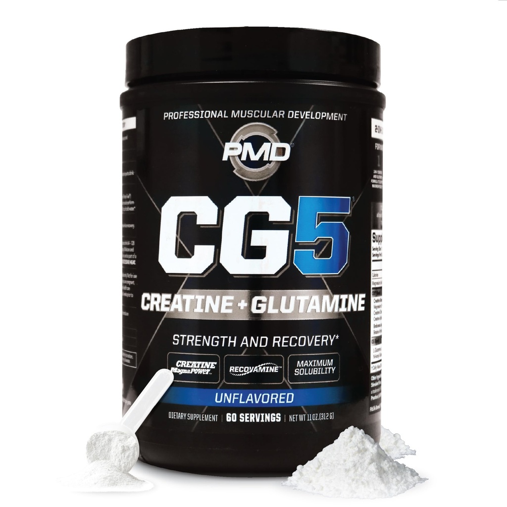 PMD Sports CG5 Premium Creatine & L Glutamine poudre, récupération de puissance, construire le muscle maigre, augmenter la performance d'entraînement, la force maximale avant l'entraînement et après l'entraînement, non aromatisé, 60 portions