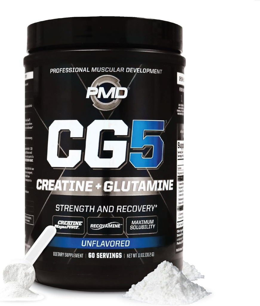 PMD Sports CG5 Premium Creatine & L Glutamine poudre, récupération de puissance, construire le muscle maigre, augmenter la performance d'entraînement, la force maximale avant l'entraînement et après l'entraînement, non aromatisé, 60 portions