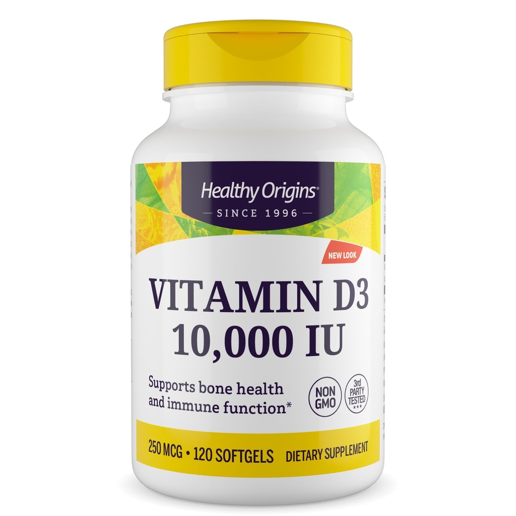 Origines saines Vitamine D3 10 000 UI (non-OGM, haute puissance, soutien osseux, soutien immunitaire, sans gluten), 120 softgels