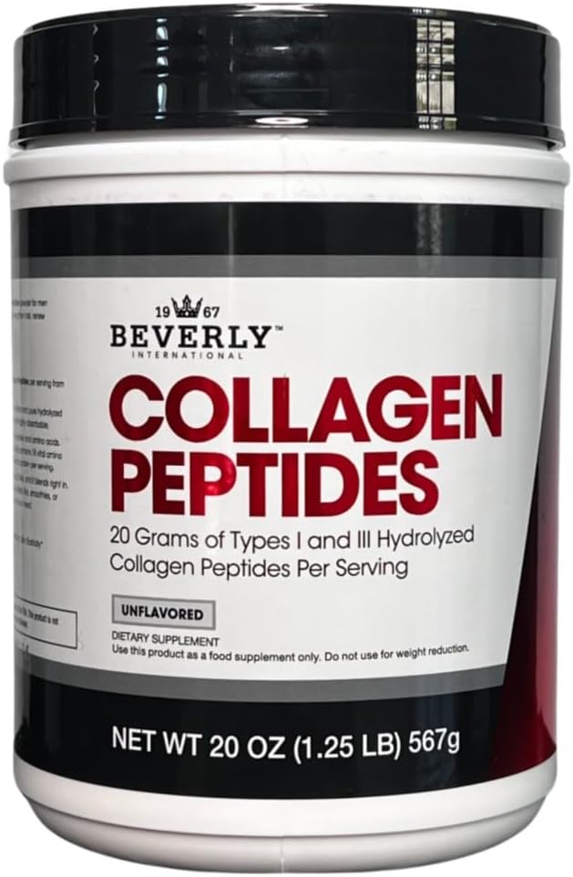 Beverly International Collagen Peptides Protéines Poudre. Apparence juvénile - peau, cheveux, ongles, os et santé articulaire. Facile à utiliser, hautement absorbant. 18 grammes de protéines, non aromatisé 20 oz.