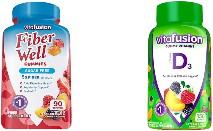 Vitafusion Fiber Well Supplément de fibre sans sucre et vitamine D3 Vitamines gommy pour os et immunosupport du système, pêche, mûre et fraise, 50 mcg de vitamine D, 75 jours d'approvisionnement, 150 comte