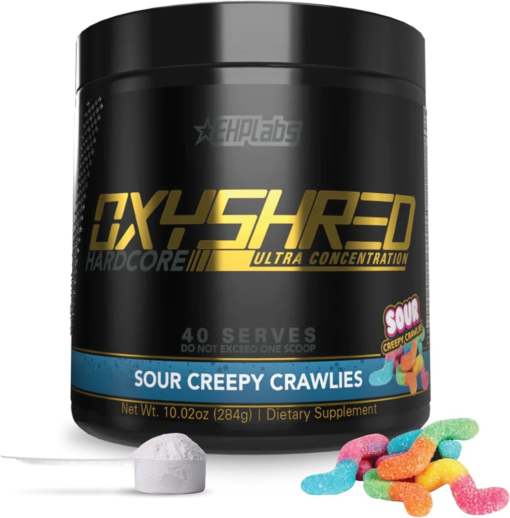 EHP Labs OxyShred Hardcore Super Dosed Pre Workout Poudre - Préworkout Poudre avec L Glutamine & Acétyl L Carnitine, Boissons pour stimuler l'énergie - 275mg de caféine - Souris, 40 portions
